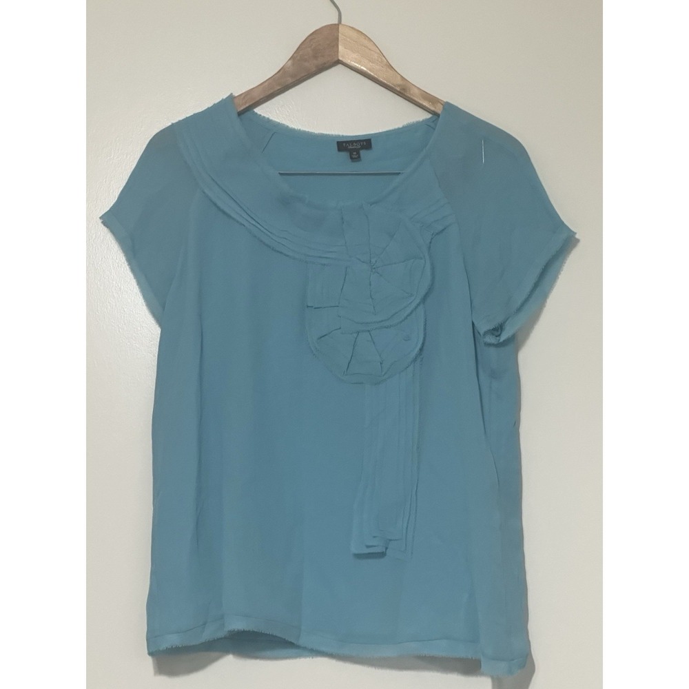 Talbots Women's 100% Silk Top Blouse‎ Short Sleeve Raw Hem Ruffle Neckline Sz 10